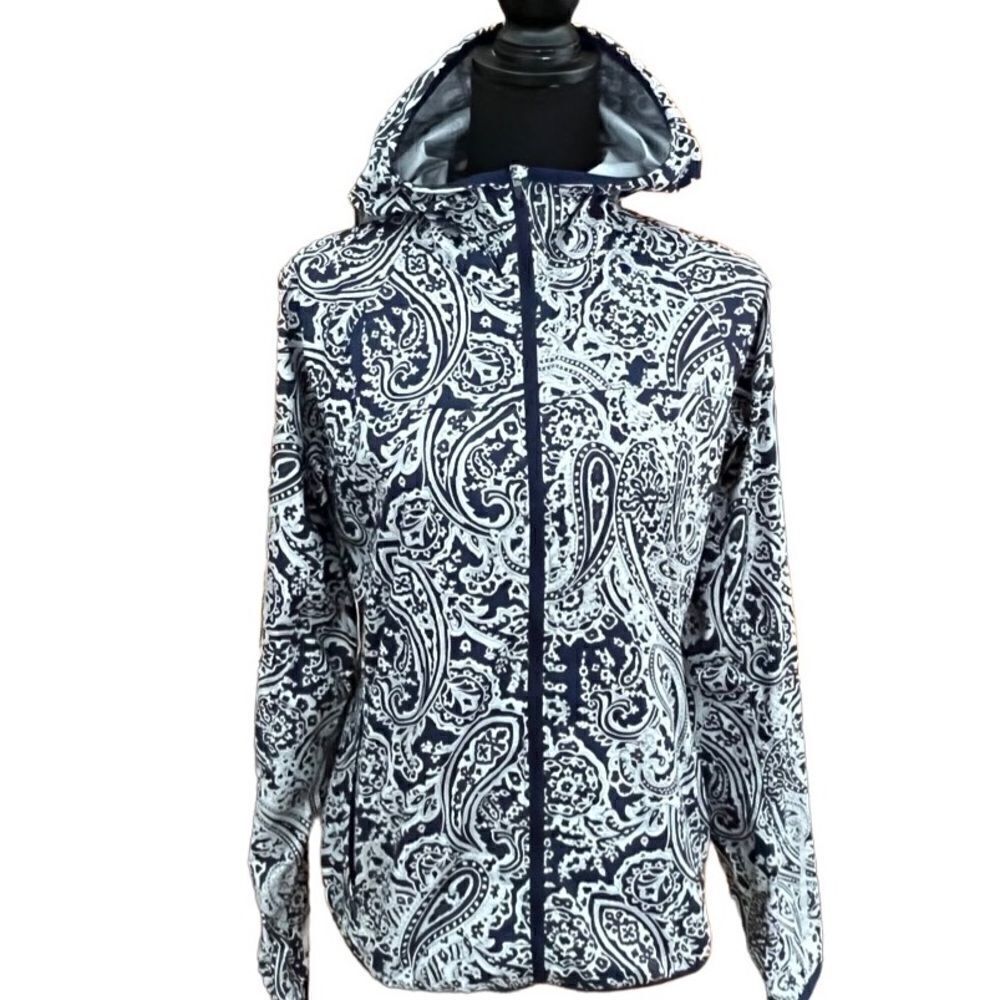 New Balance/J Crew navy paisley hooded wind breaker rain resistant sz S - Picture 3 of 9